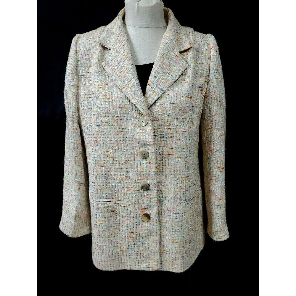 Gallant Beige Tweed Blazer Size 12 4 Button Lined 100% Silk Pockets